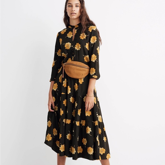 MADEWELL Button Front Longsleeve Maxi Dress in Fall Flowers- Green and Yellow - Picture 1 of 8